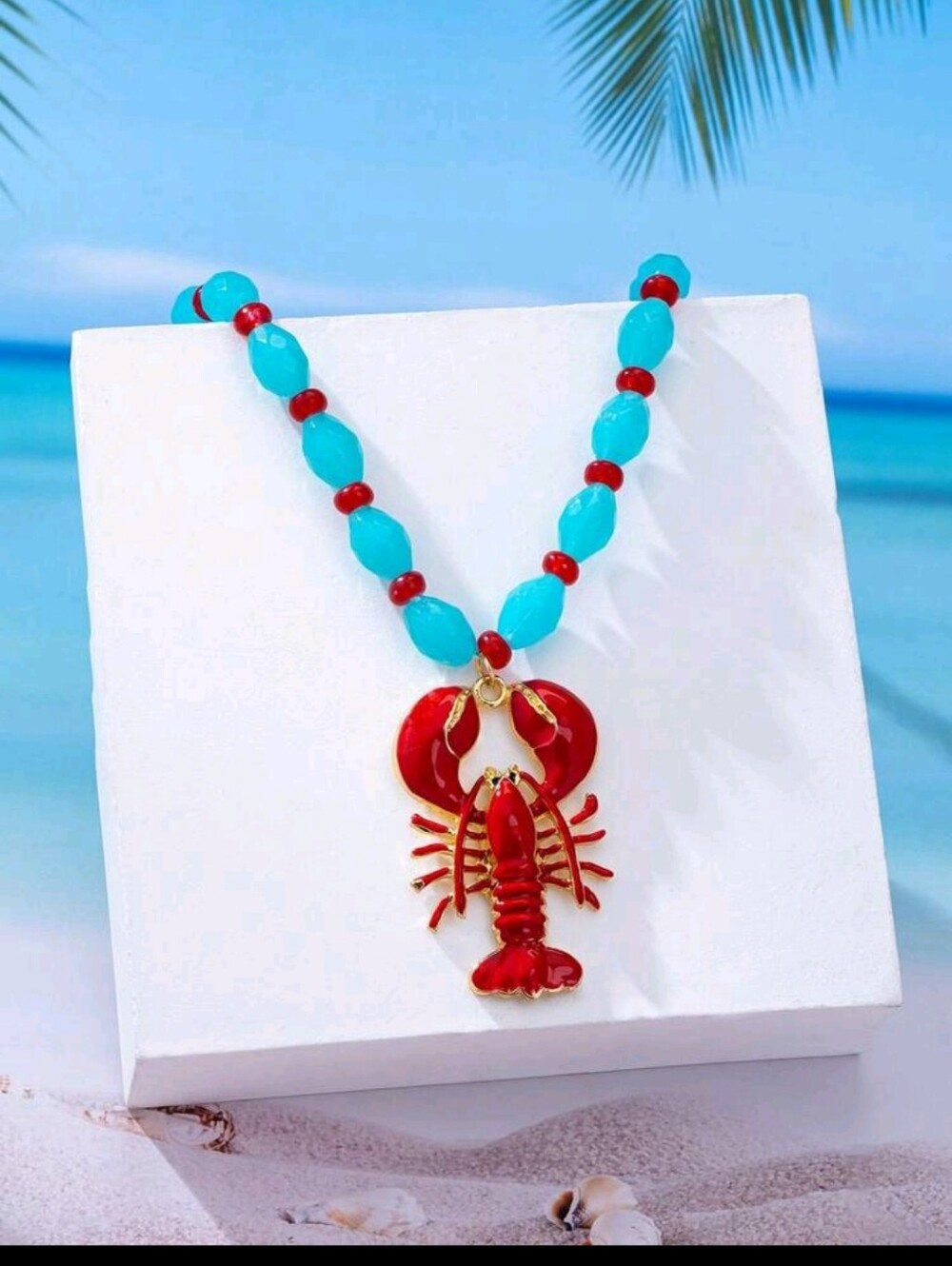 BRAND NEW ** Turquoise Bead Necklace with Red Lobster Pendant